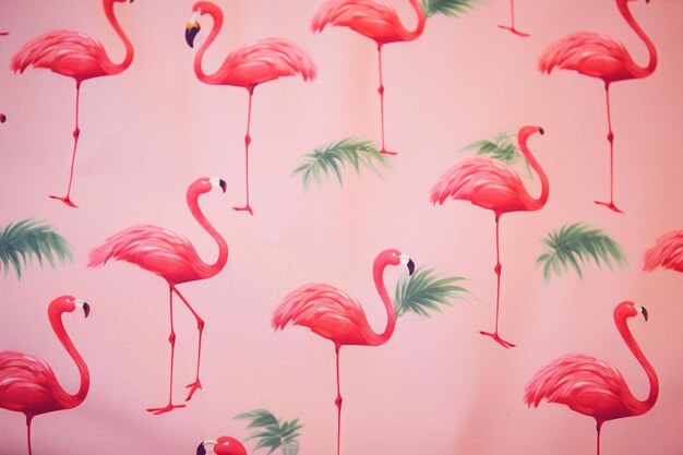 Photo a pink flamingo with palm leaves on a pink background.