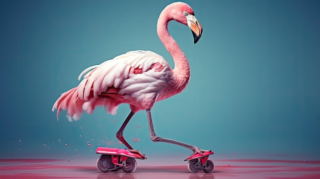 a pink flamingo with a pink beak is riding a scooter.