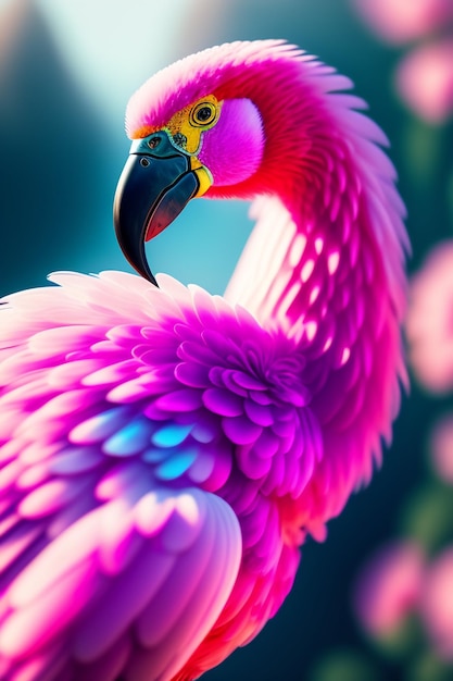 A pink flamingo with a pink head and yellow eyes.