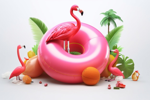 Pink flamingo with pink water circle with palm trees summer season background rest