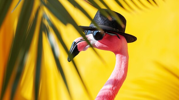 Photo pink flamingo with sunglasses and hat under palm leaf on yellow summer background generative ai