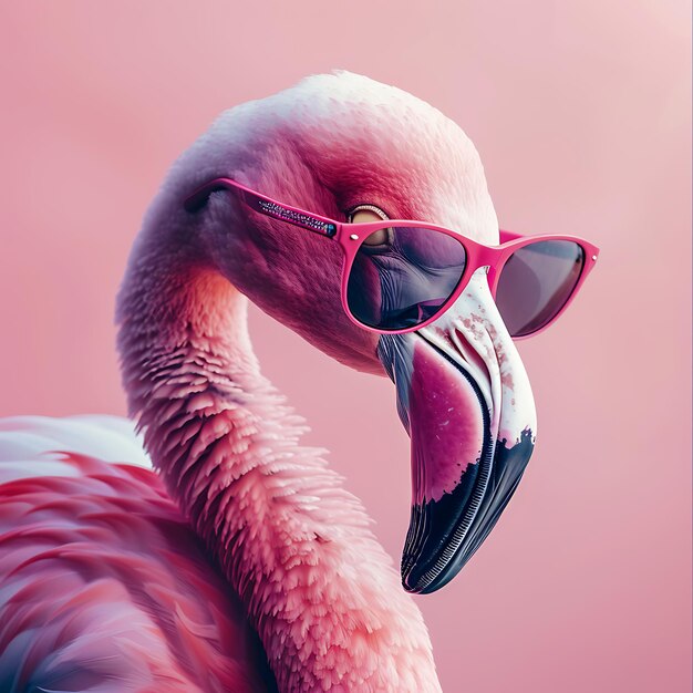 Photo a pink flamingo with sunglasses on its head