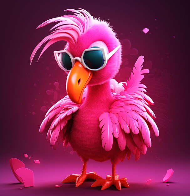 A pink flamingo with sunglasses and a white shirt on.