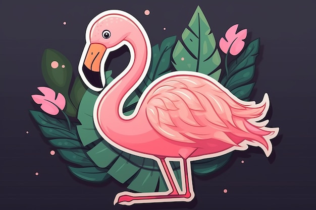 A pink flamingo with a tropical background.