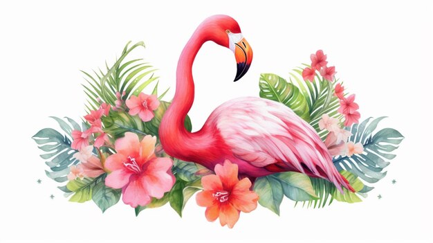 Photo pink flamingo with tropical flowers and leaves detailgenerative ai