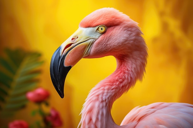 Pink flamingo on yellow background side view