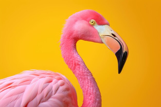 Pink flamingo on yellow background side view