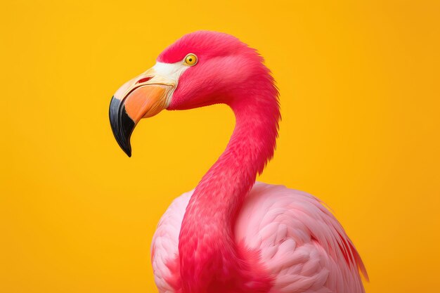 Pink flamingo on yellow background side view