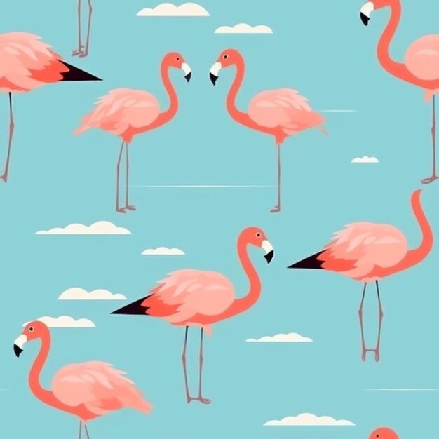 Pink flamingos in a blue sky with clouds