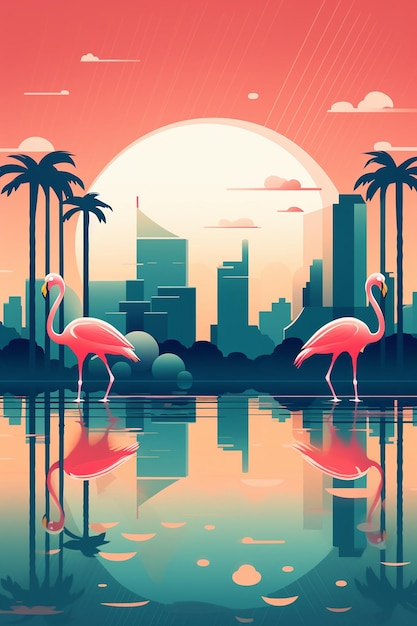 pink flamingos in the city at sunset vector art illustration