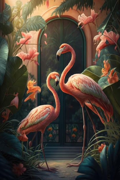 Pink flamingos. Flamingos birds illustration. A painting of two flamingos in a tropical garden.