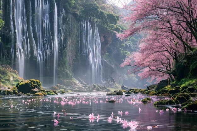 Pink Flamingos Floating in River by Waterfall