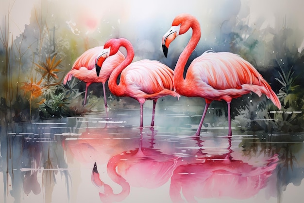 Pink flamingos in the pond Watercolor painting on canvas Flamingos watercolor painting AI Generated