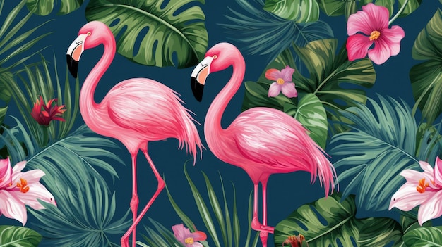 Pink flamingos in the tropical jungle.