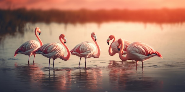 Pink flamingos in the water on the background of sunset