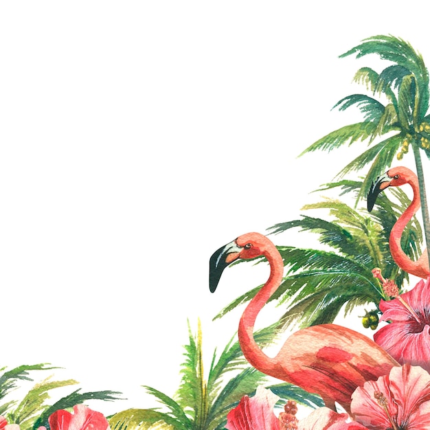 Photo pink flamingos with coconut palms and red hibiscus flowers watercolor illustration from the cuba collection for the design and decoration of postcards posters invitations certificates menus