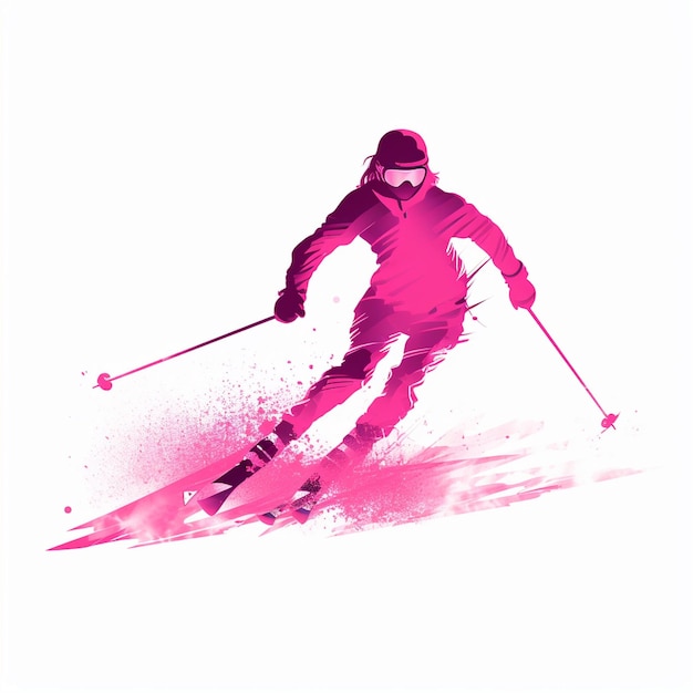 Pink flat woman skiing silhouette on white background