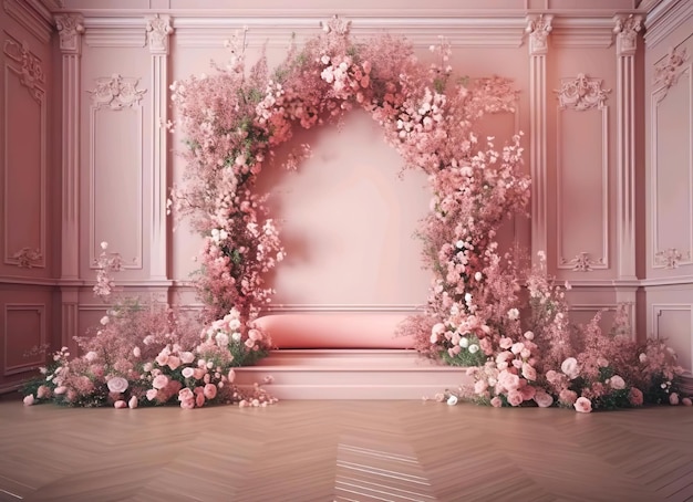 A pink floral arch with white flowers and pink leaves.