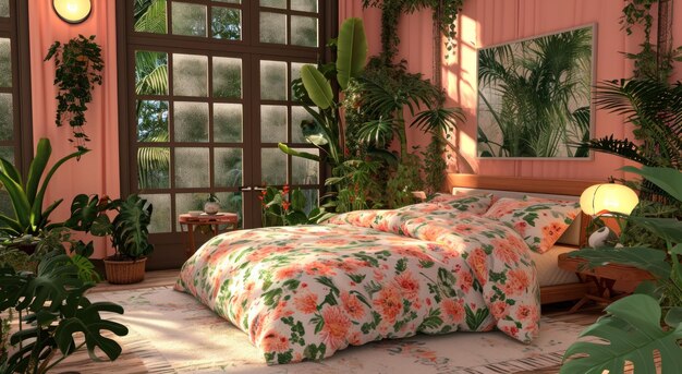 a pink and floral bedroom with plants surrounding the bed