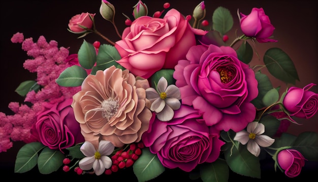 Pink floral bouquet against green nature backdrop generative AI