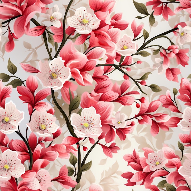 Photo pink floral seamless pattern with branches leaves and vines generative ai