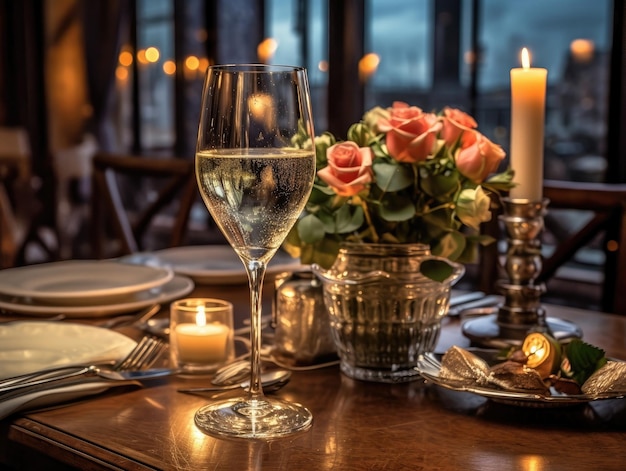 Pink floral table setting for a romantic dinner table with table cloth candles and silverware Generative AI