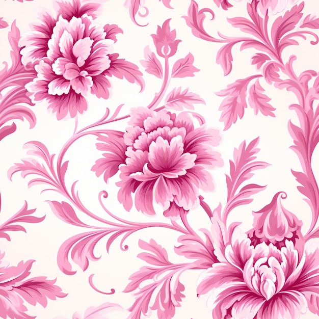 A pink floral wallpaper with many flowers on it.