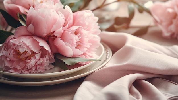 A pink floral on white plate and napkin arrangement