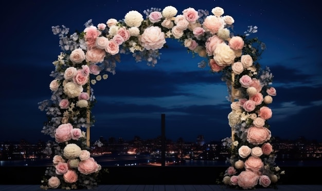 A pink flower arch with the city in the background