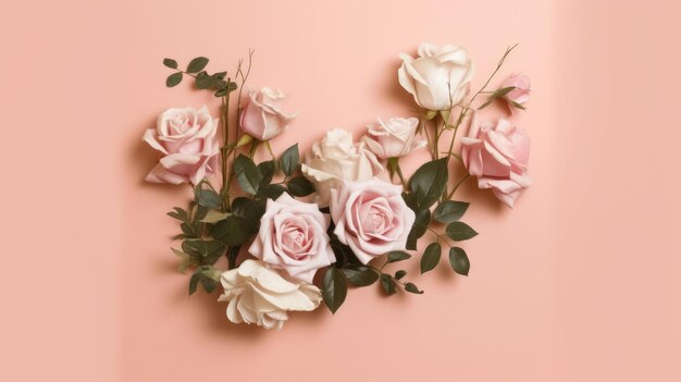 A pink flower arrangement with white and pink roses on a peach background