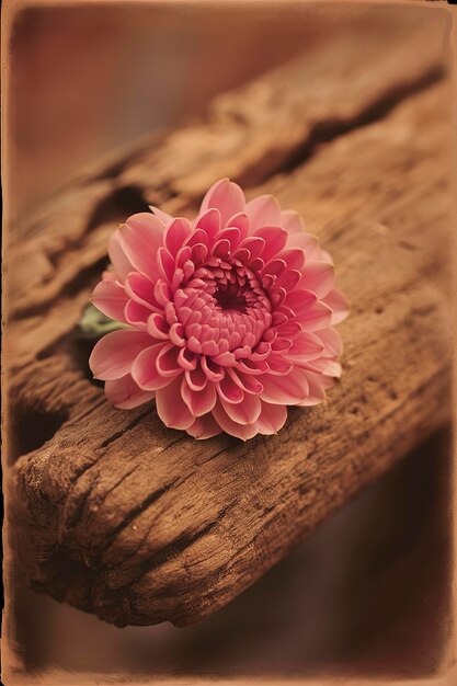 Photo pink flower of billbergia on a brown wooden surface vintage toning