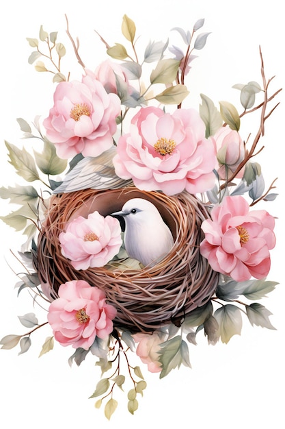 Photo pink flower birds nest illustration