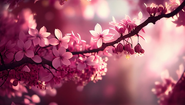 A pink flower on a branch with a pink background