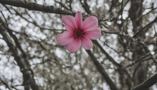 a pink flower on a branch with the word  on it