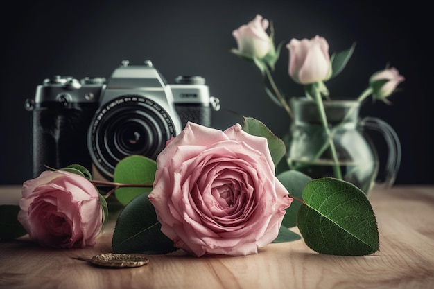 A pink flower next to a camera and a camera