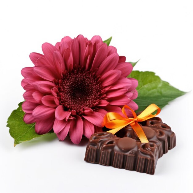 A pink flower next to a chocolate bar with a yellow ribbon.