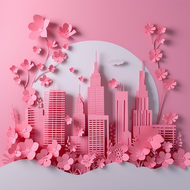 Pink Flower Cityscape Innovative Page Design with Simple Cutout Designs