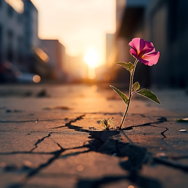 夕暮れの背景にある裂け目のある地面のピンクの花