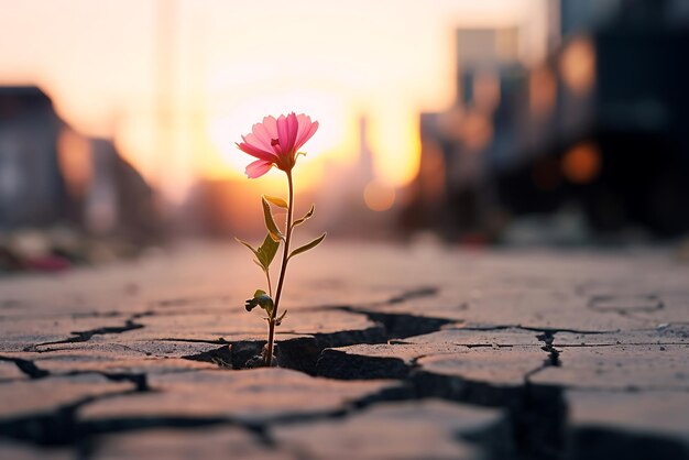 夕暮れの背景にある裂け目のある地面のピンクの花