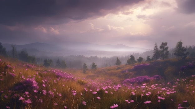 Photo pink flower filed with beautiful pink sky generative ai