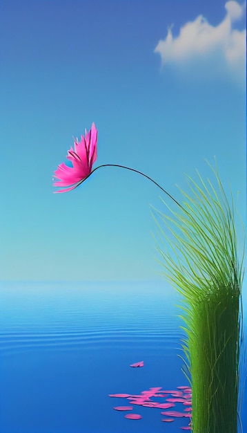 Pink flower flying over a body of water generative ai