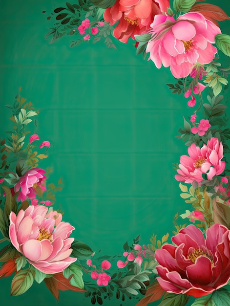 A pink flower frame with a green background with copy space for text for invitation