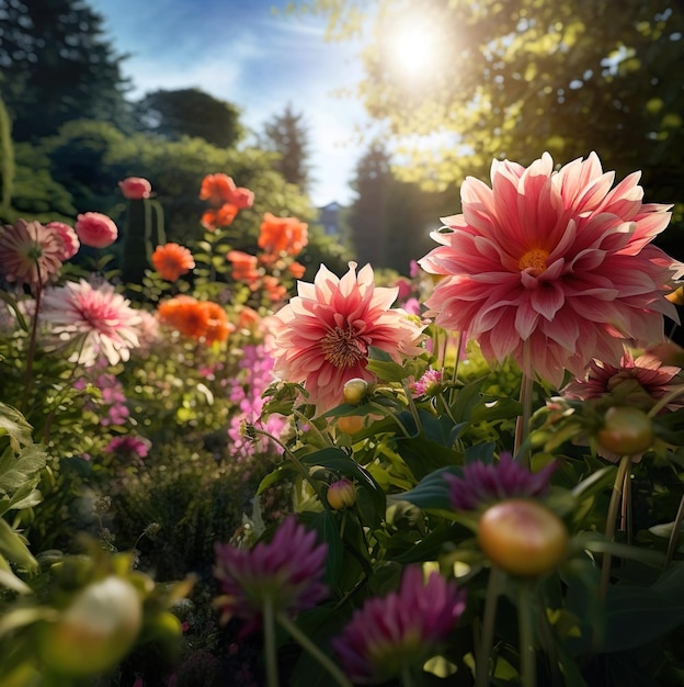 太陽の光が差し込むピンクの花畑