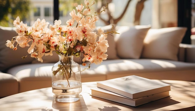 Pink flower on the glass pot and book on the table