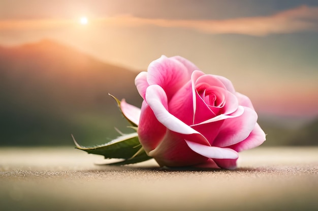 A pink flower on the ground with the sun behind it