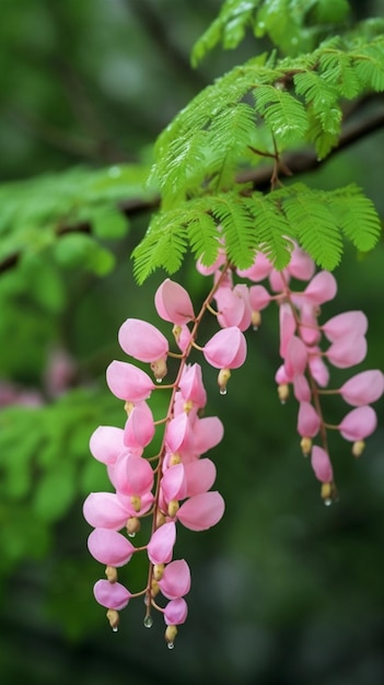 枝からぶら下がっているピンクの花