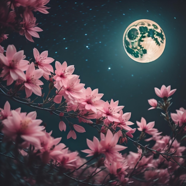 사진 달과 우주 배경으로 밤하늘에 핑크 꽃