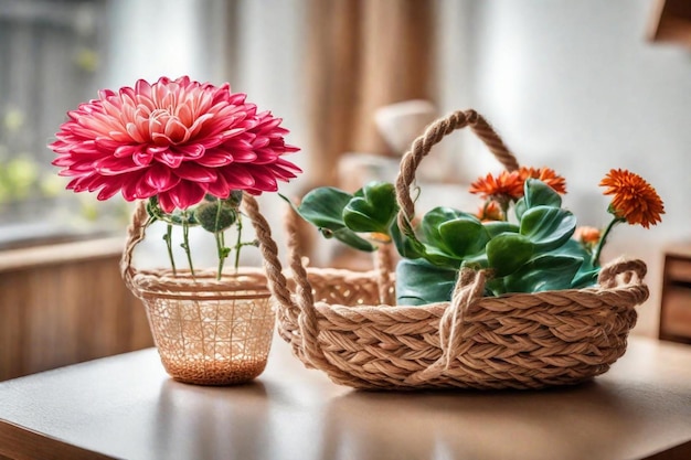 a pink flower is in a basket with a pink flower in it