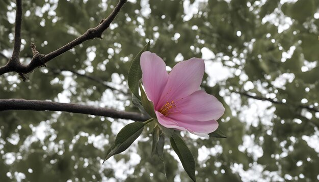 a pink flower is blooming on a tree branch