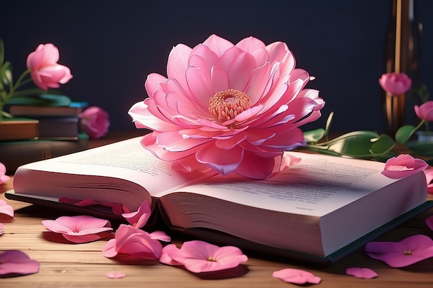 A pink flower is on a book